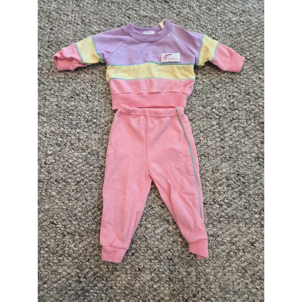 Vintage 80s Health-tex Colorblock Pastel Pink Pajamas Sweatshirt Pants Infant 6m